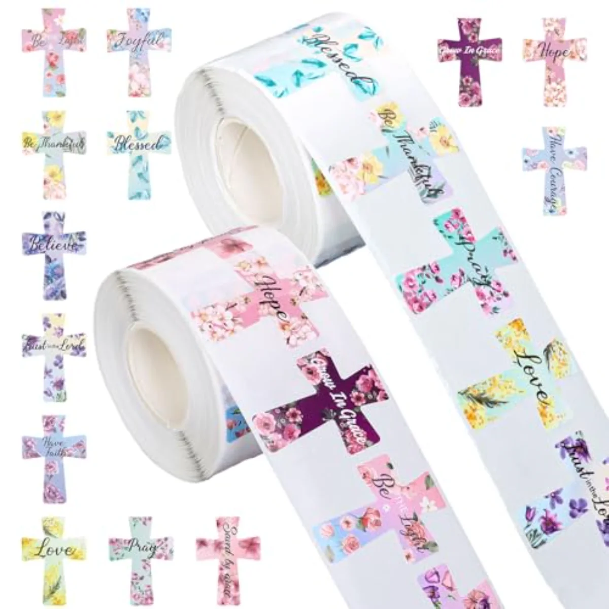 1000 Pcs Easter Stickers Floral Cross Roll Stickers Assorted Bible Verse