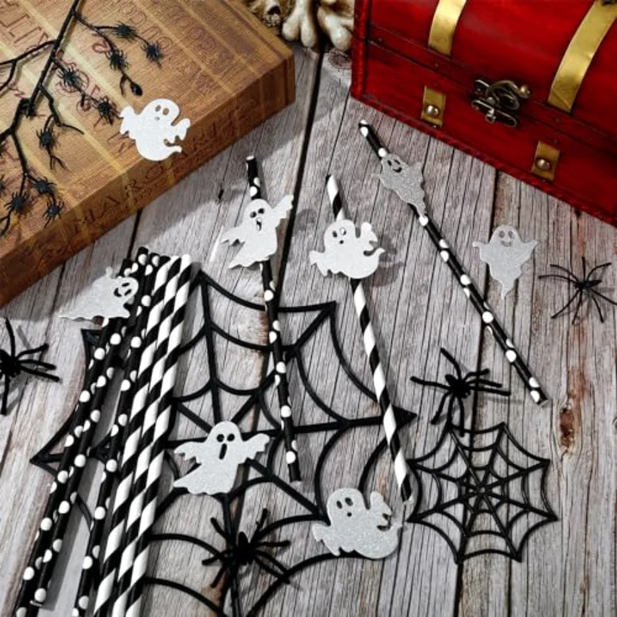 Halloween Ghost Paper Straws Glitter Ghost Disposable Drinking Straws Cute, view 3