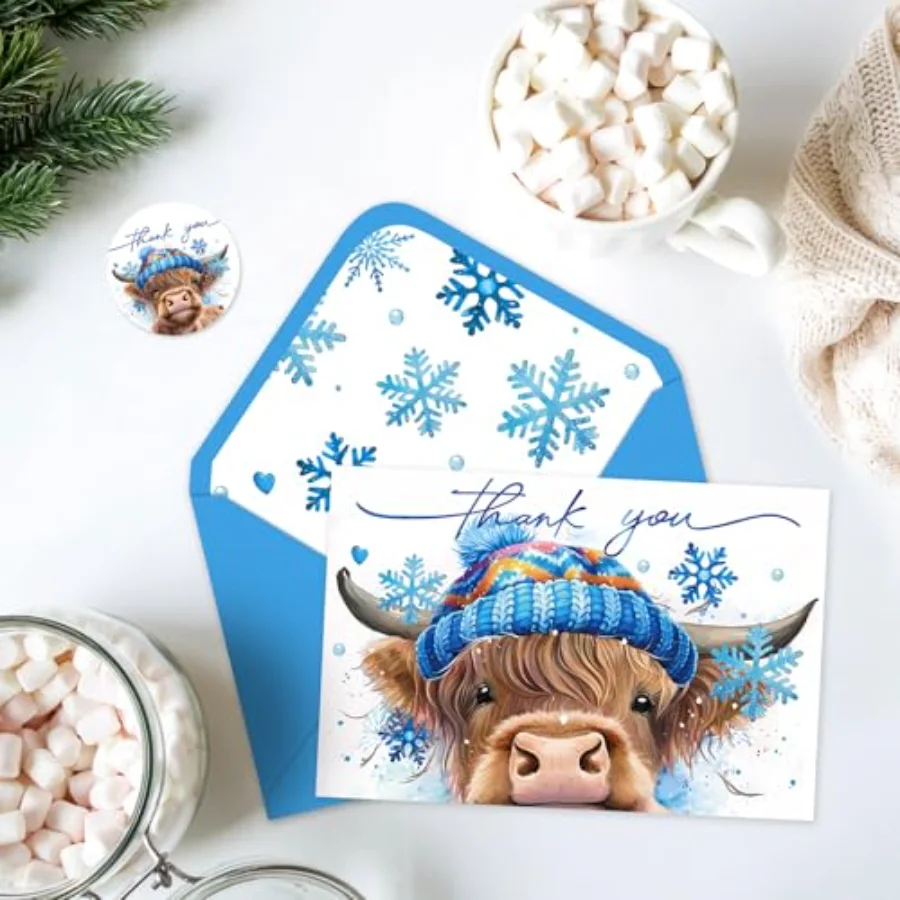 24 Pcs Winter Highland Cow Thank You Cards Blue Snowflake Brown Cow Note, view 4