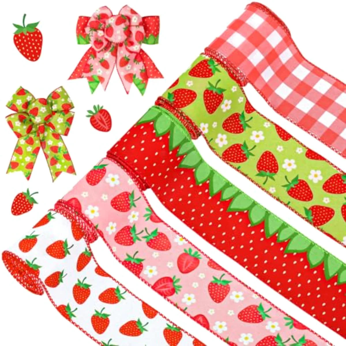 5 Roll Strawberry Wired Ribbon 2.5 Inch Red Pink Green Strawberry Plaid