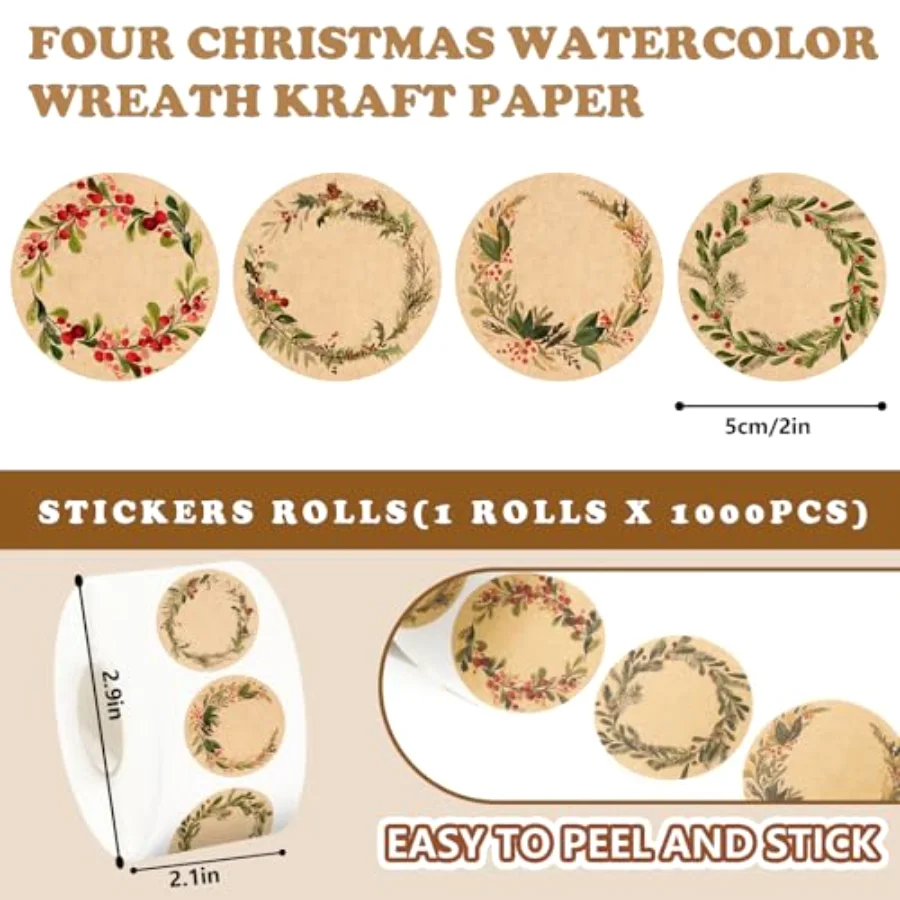 500 Pcs Christmas Kraft Label Stickers Roll Holly Berry Wreath Tag, view 2