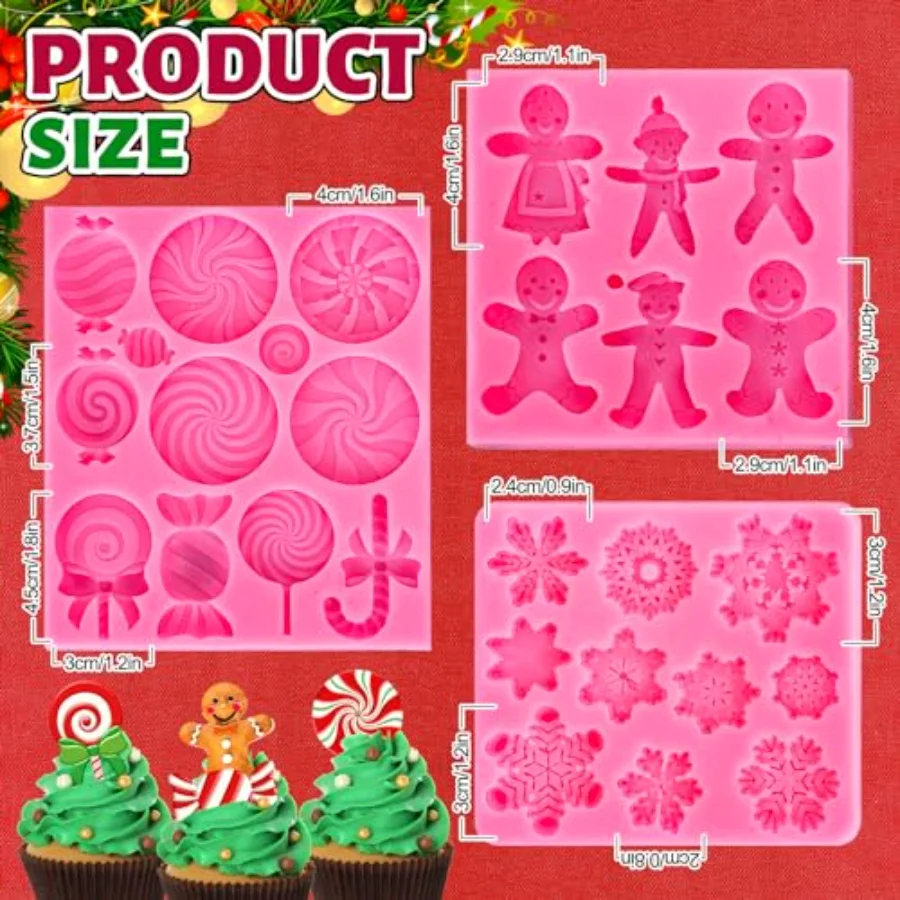 3Pcs Christmas Candy Fondant Mold Pink Gingerbread Man Snowflake Silicone, view 2