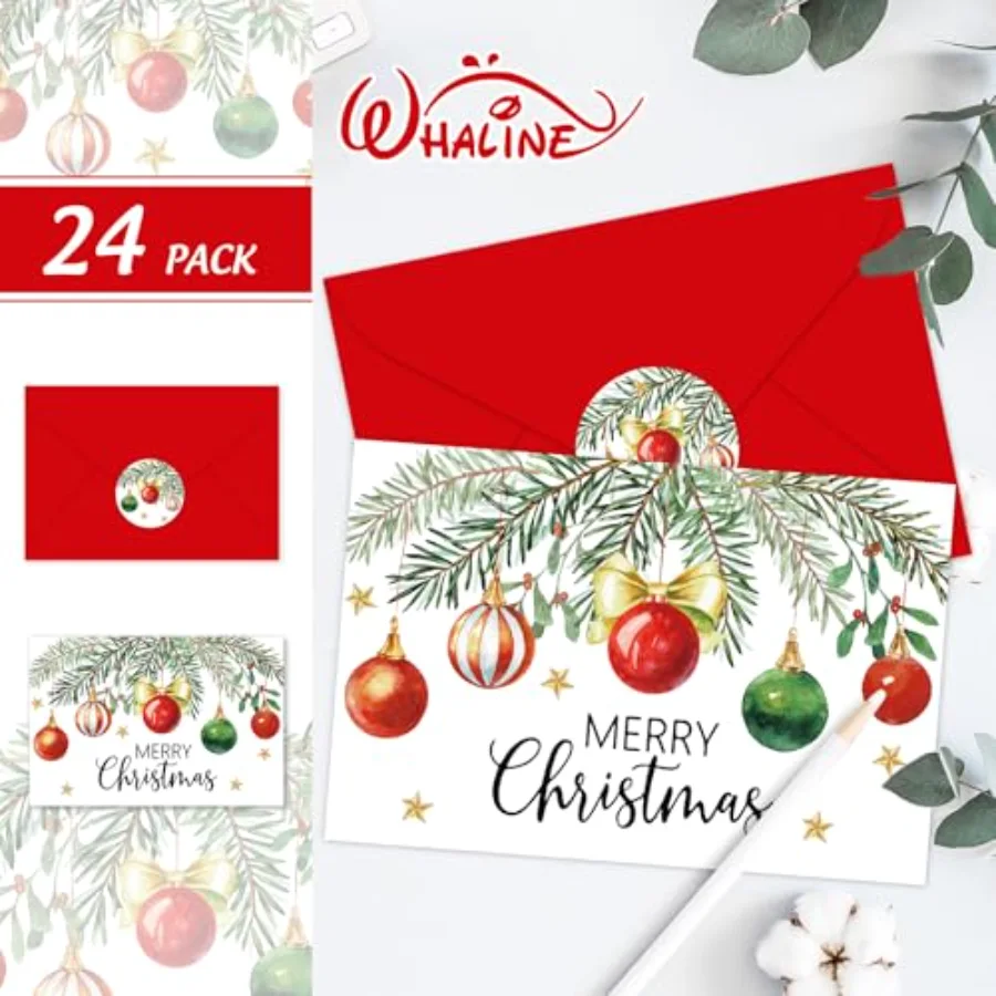 24 Packs Merry Christmas Greeting Cards with Envelopes Stickers Red Xmas, view 3