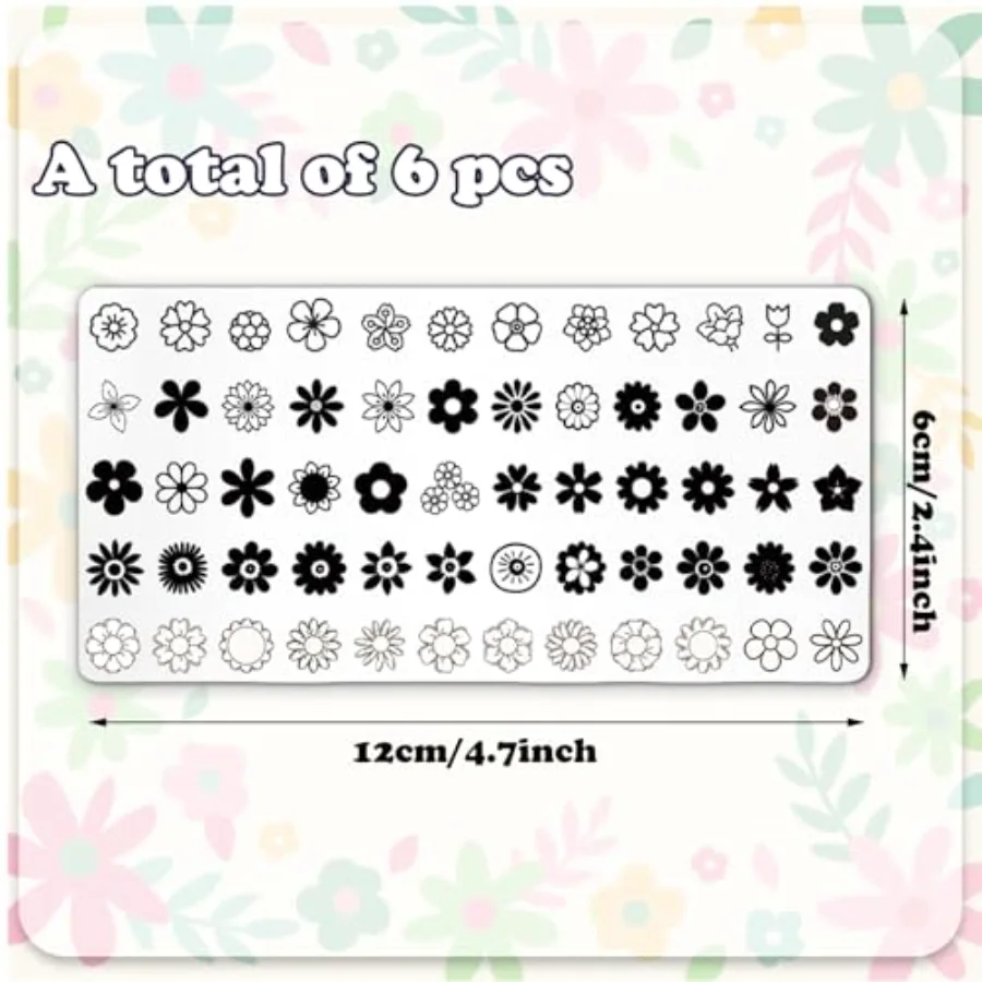 6 Pcs Simple Floral Nail Plates Stamping Set Flower Leaves Stamp Templates, view 2