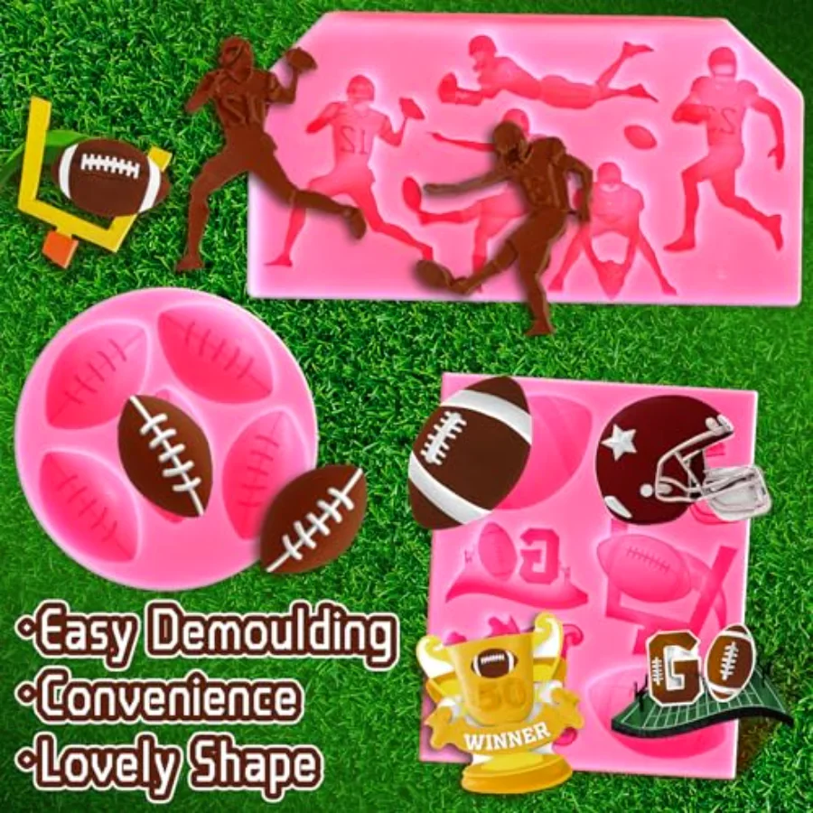 3Pcs Football Fondant Mold Sports Theme Silicone Mold Football Helmet, view 3