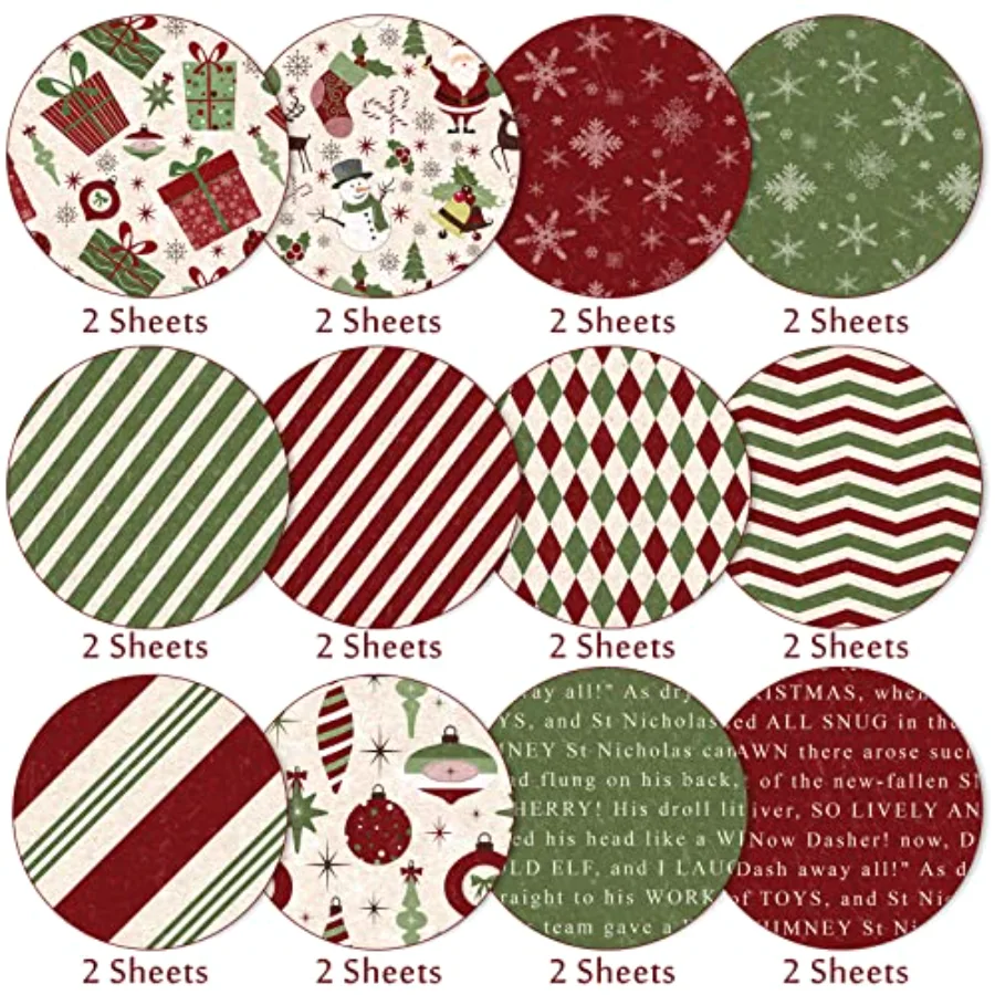 24 Pack Christmas Pattern Paper 12 Designs Red Green Textured Scrapbook, view 3