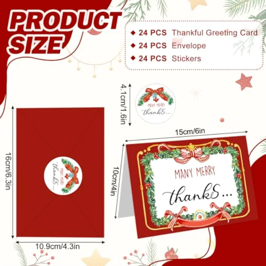 24 Packs Christmas Thank You Cards Bow Pine Needle Note Card with, view 2