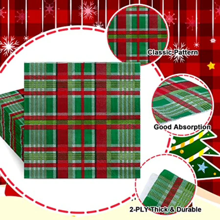 100 Pack Christmas Paper Napkins Buffalo Plaid Pattern Disposable Napkins, view 4