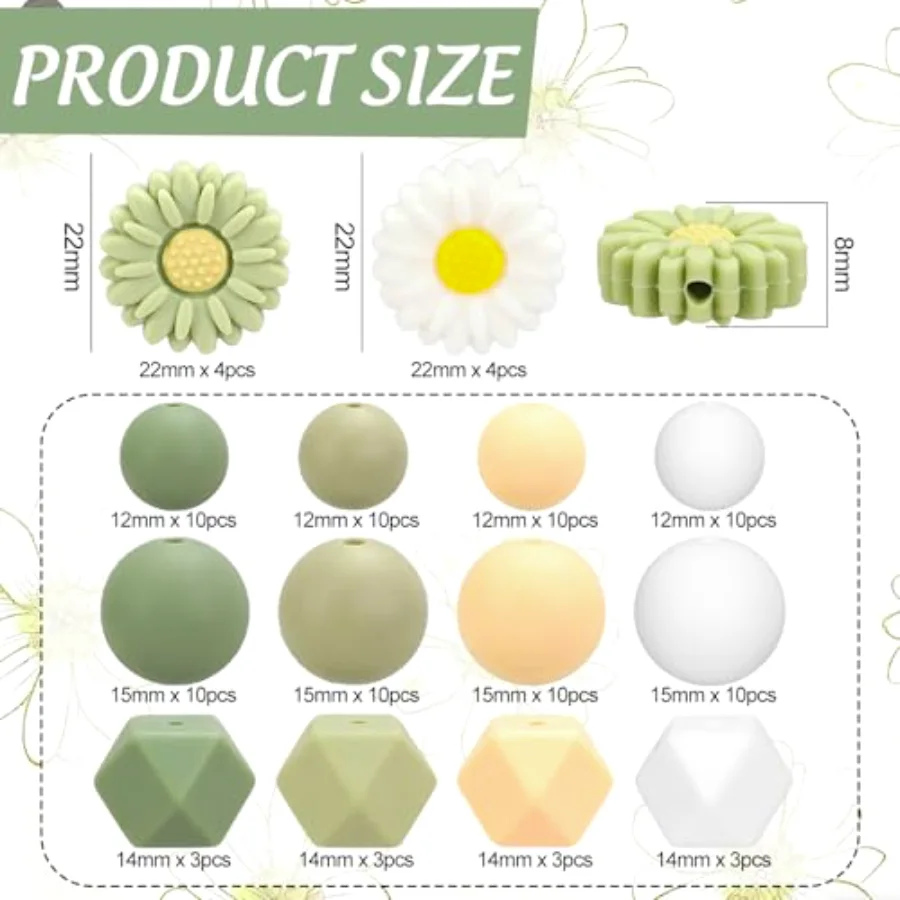 100 Pcs Daisy Flower Silicone Beads Sage Green White Spring Floral Round, view 2