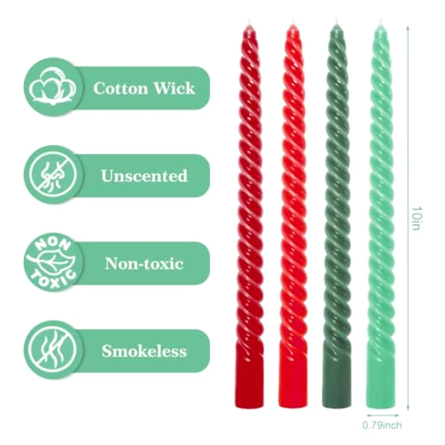 8Pcs 10 Inch Christmas Spiral Taper Candles Red Green Dripless Twisted Wax, view 2