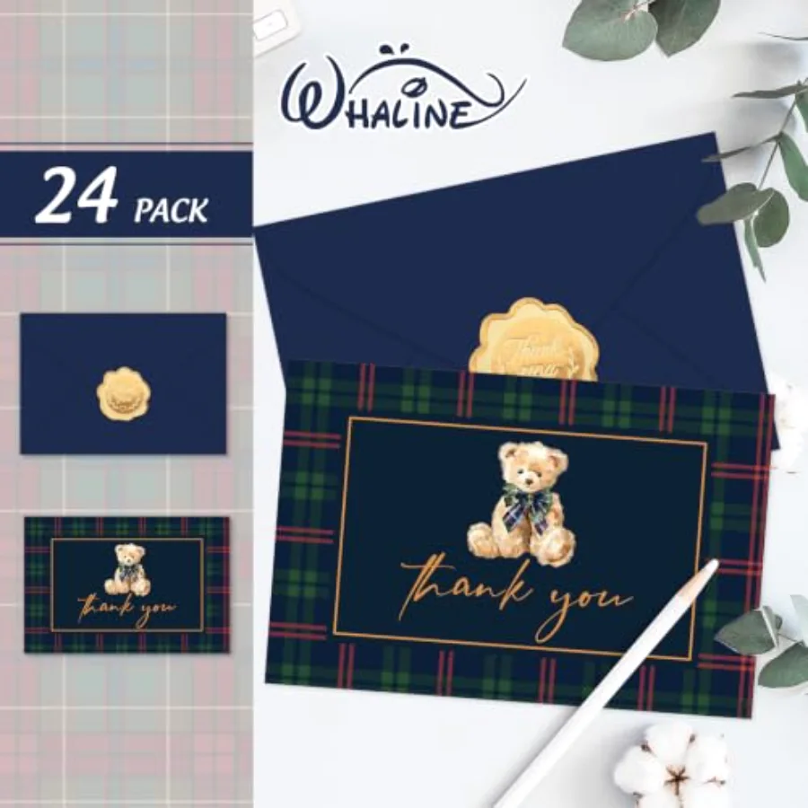 24Pcs Tartan Bear Thank You Cards with Envelope Stickers Vintage Red Blue, view 3