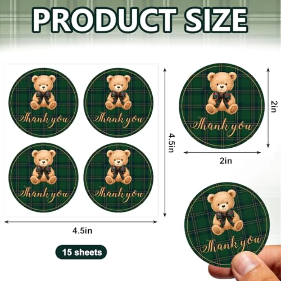 60Pcs Baby Shower Thank You Stickers 2 Inch Green Tartan Plaid Bear Round, view 2