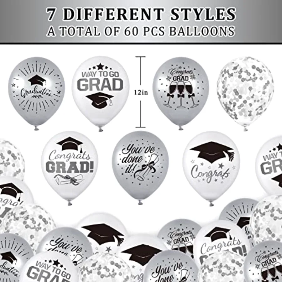 60Pcs Graduation Party Balloons Set 7 Designs Silver White Confetti Latex, view 2