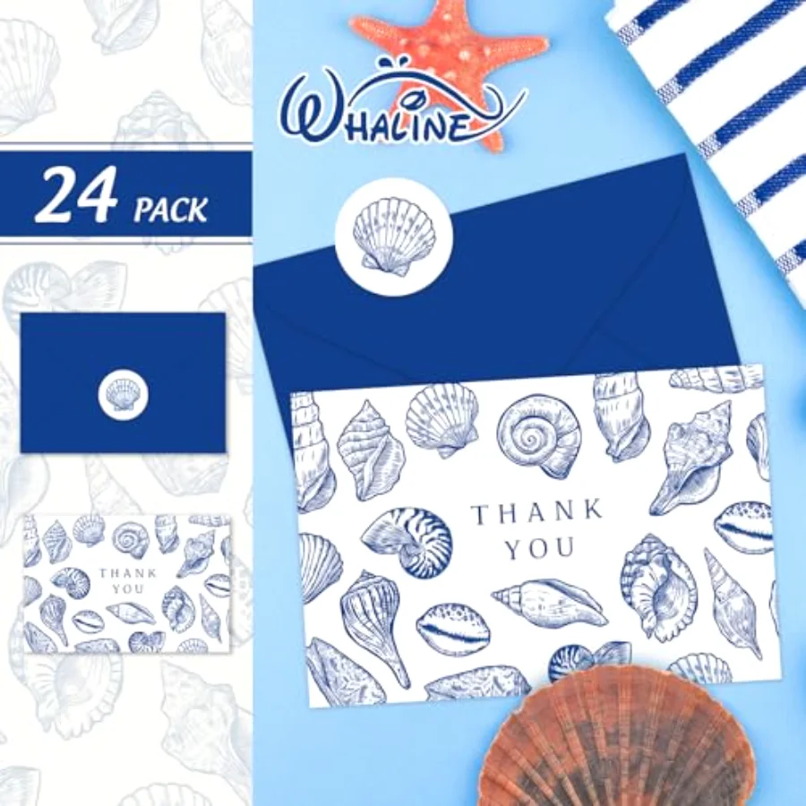 24 Pack Ocean Thank You Cards Blue Sea Shell Greeting Cards with Envelopes, view 3