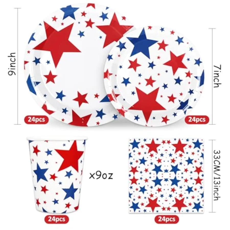 96Pcs Patriotic Party Supplies Set Disposable Red Blue Star Paper Plates, view 2