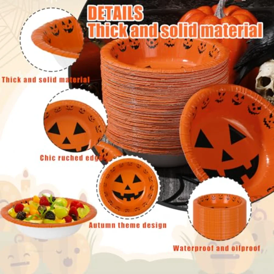 100Pcs Halloween Paper Bowls Orange Pumpkin Face Treat Snack Cups, view 3