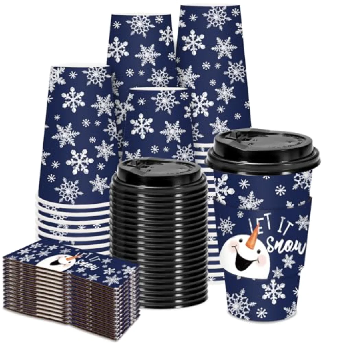 50 Pcs Christmas Coffee Paper Cups Xmas Blue Snowman Snowflake Disposable