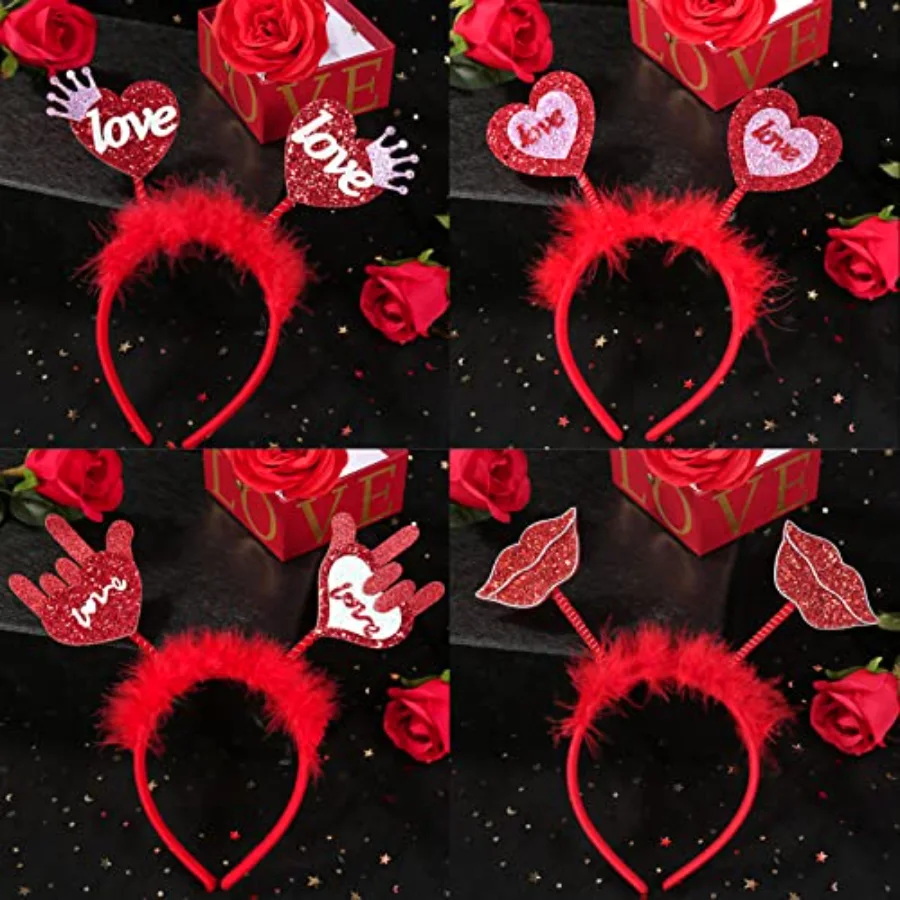 4Pcs Valentine's Day Headbands Glitter Red Heart Lip Bopper Headband Love, view 3