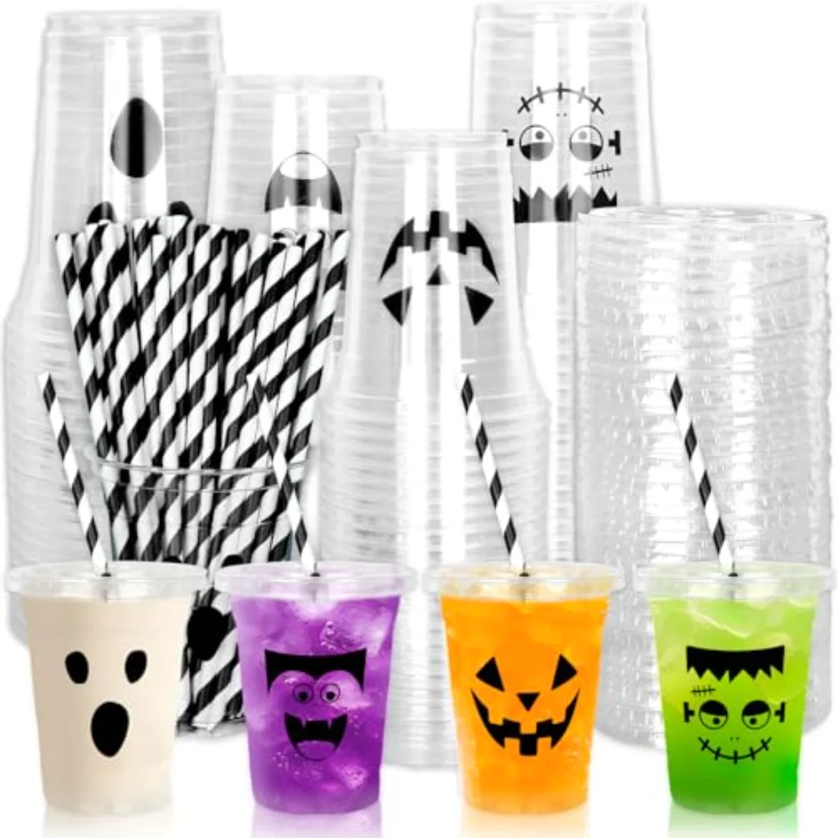 60 Pcs Halloween Disposable Plastic Cups with Lids and Straws 12 oz