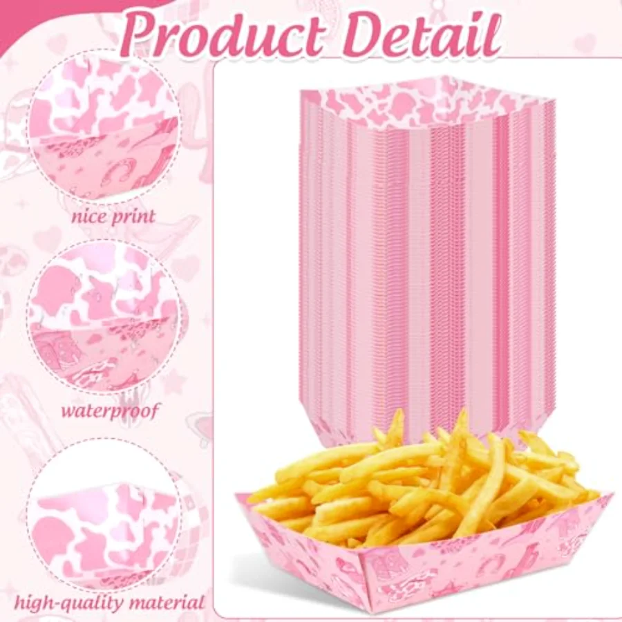 50 Pcs Western Cowgirl Paper Snack Trays Disposable Food Boats Pink Rodeo, view 3