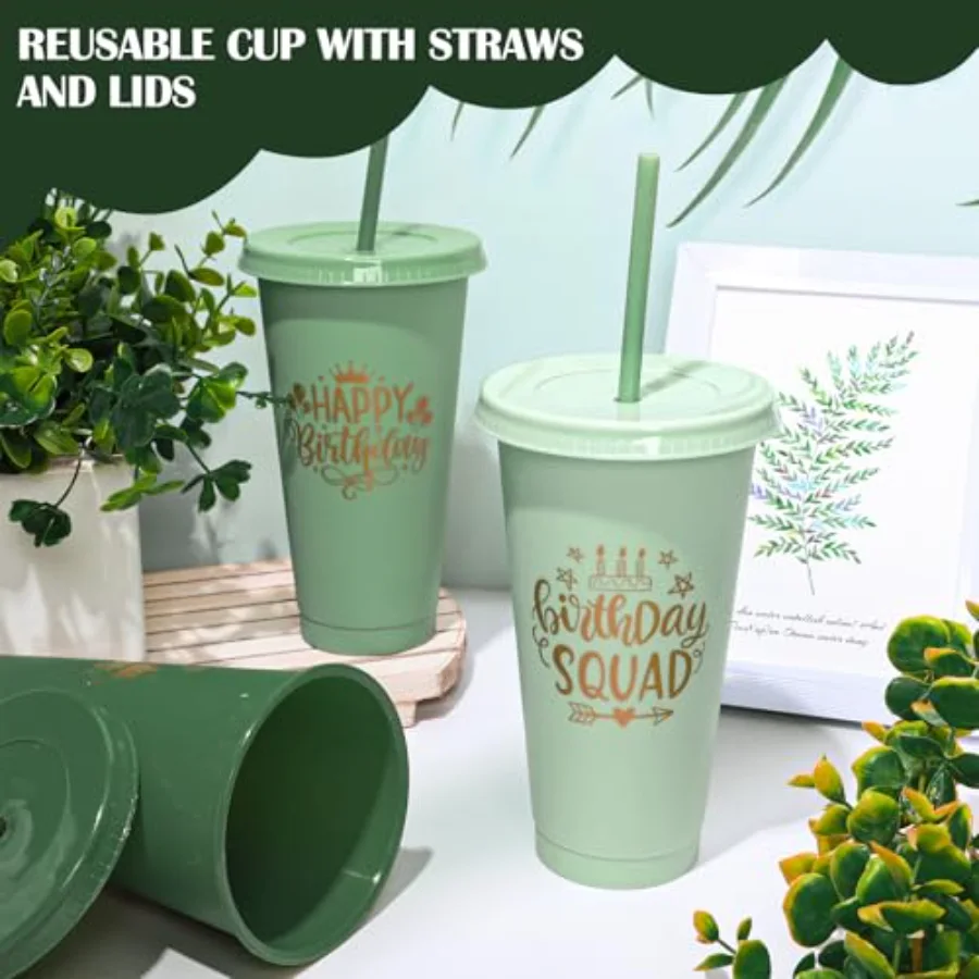 12Pcs Sage Green Plastic Cups with Lids Straws Birthday Party Cups, view 3