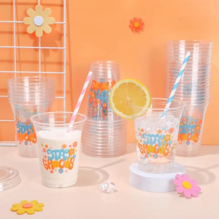 50Pcs Boho Party Plastic Cups 12 oz Stay Groovy Disposable Cups Hippie, view 3