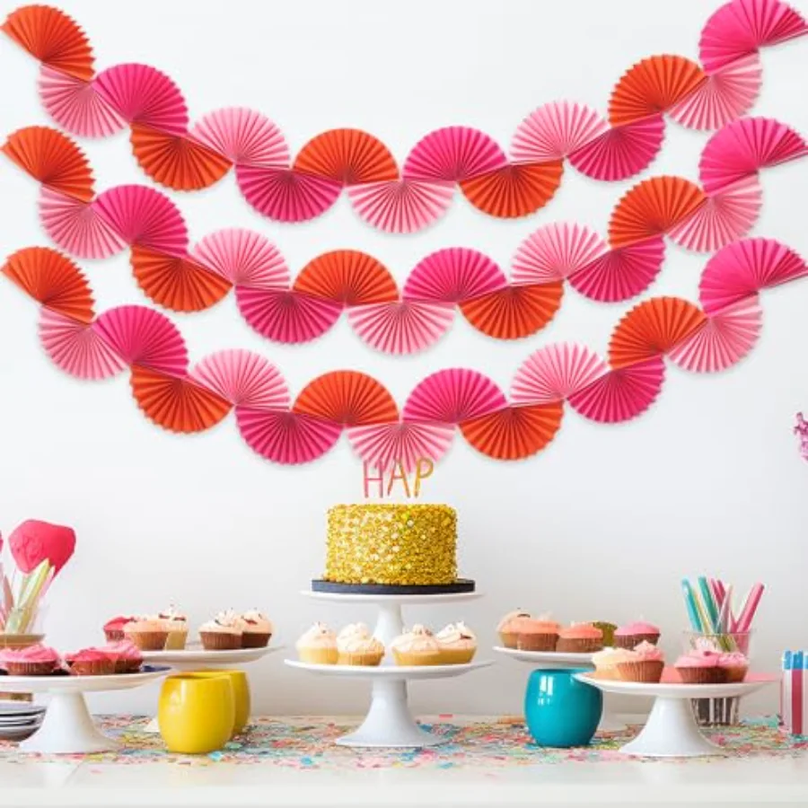 3 Pack Paper Fans Garland 15.7 Ft Rose Red Pink Orange Hanging 3D Ornament, view 4