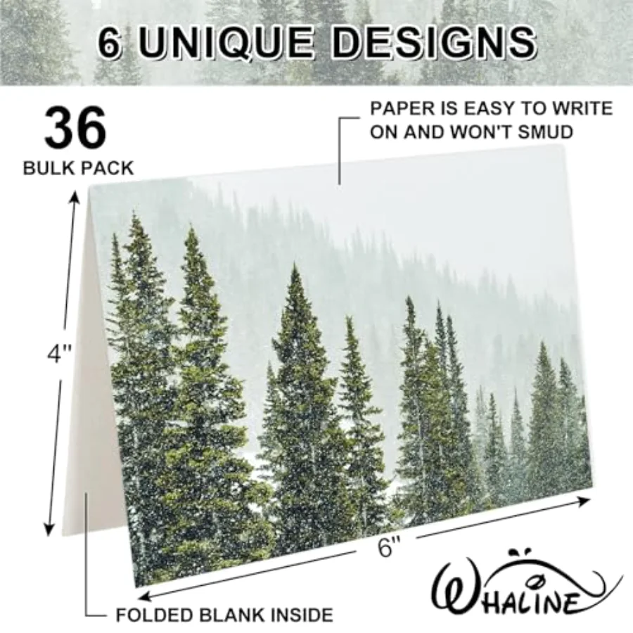36 Pack Christmas Tree Cards with Envelopes Stickers Winter Forest, view 2