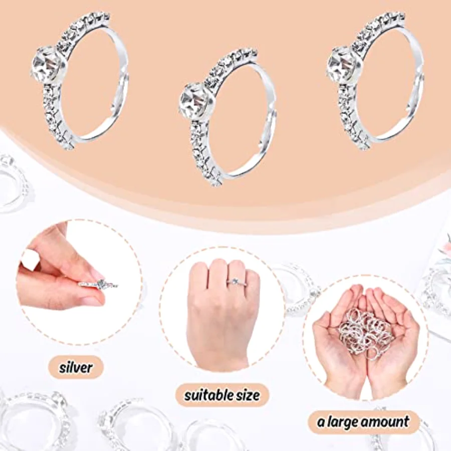 32 Pack Silver Bridal Shower Diamond Ring Fake Diamond Engagement Rings, view 3