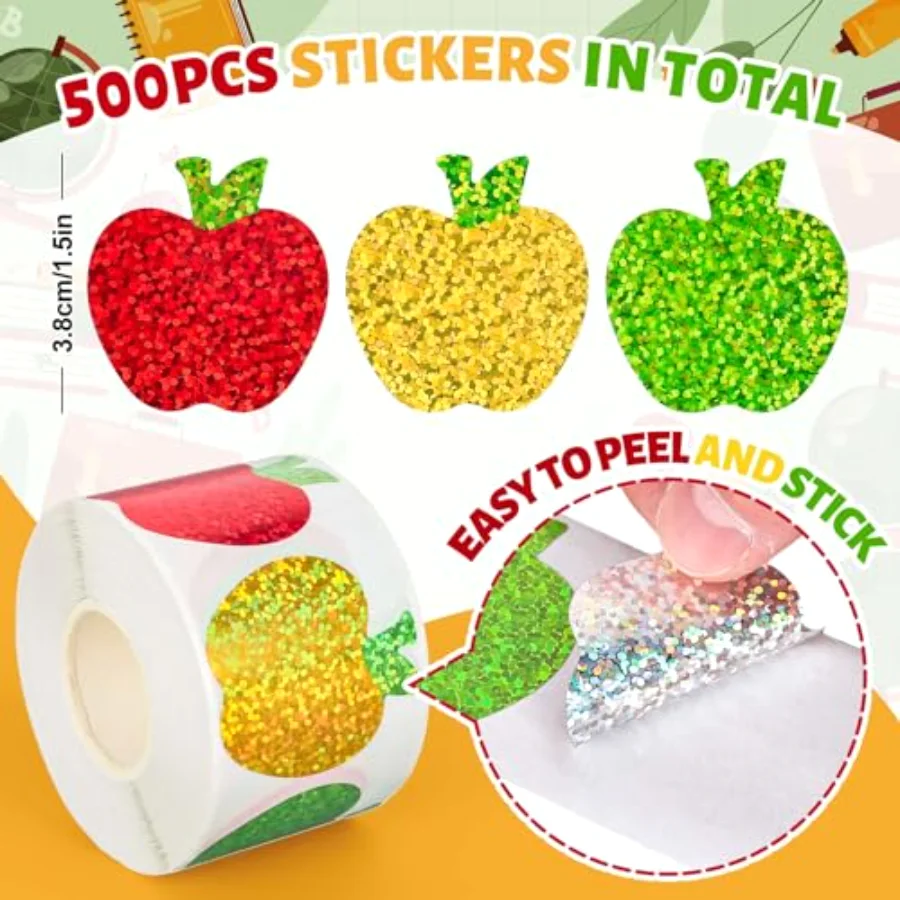 Back to School Apples Stickers Roll Holographic Apples Waterproof Decals, view 2
