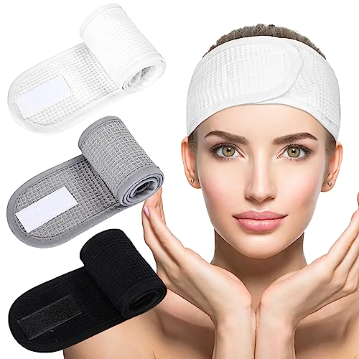 3Pcs Spa Facial Headband White Black Grey Head Wrap Terry Cloth Waffle