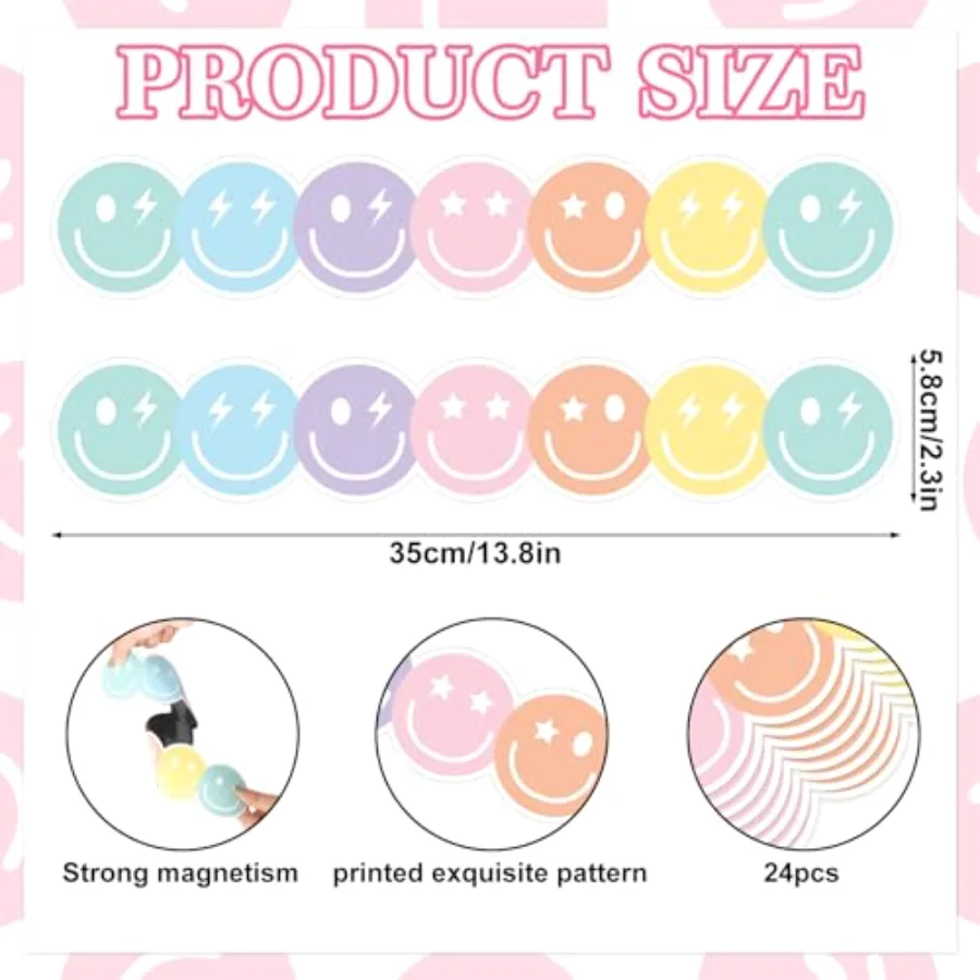 24 Pcs Preppy Happy Face Magnetic Bulletin Board Border Pastel Color Smile, view 2