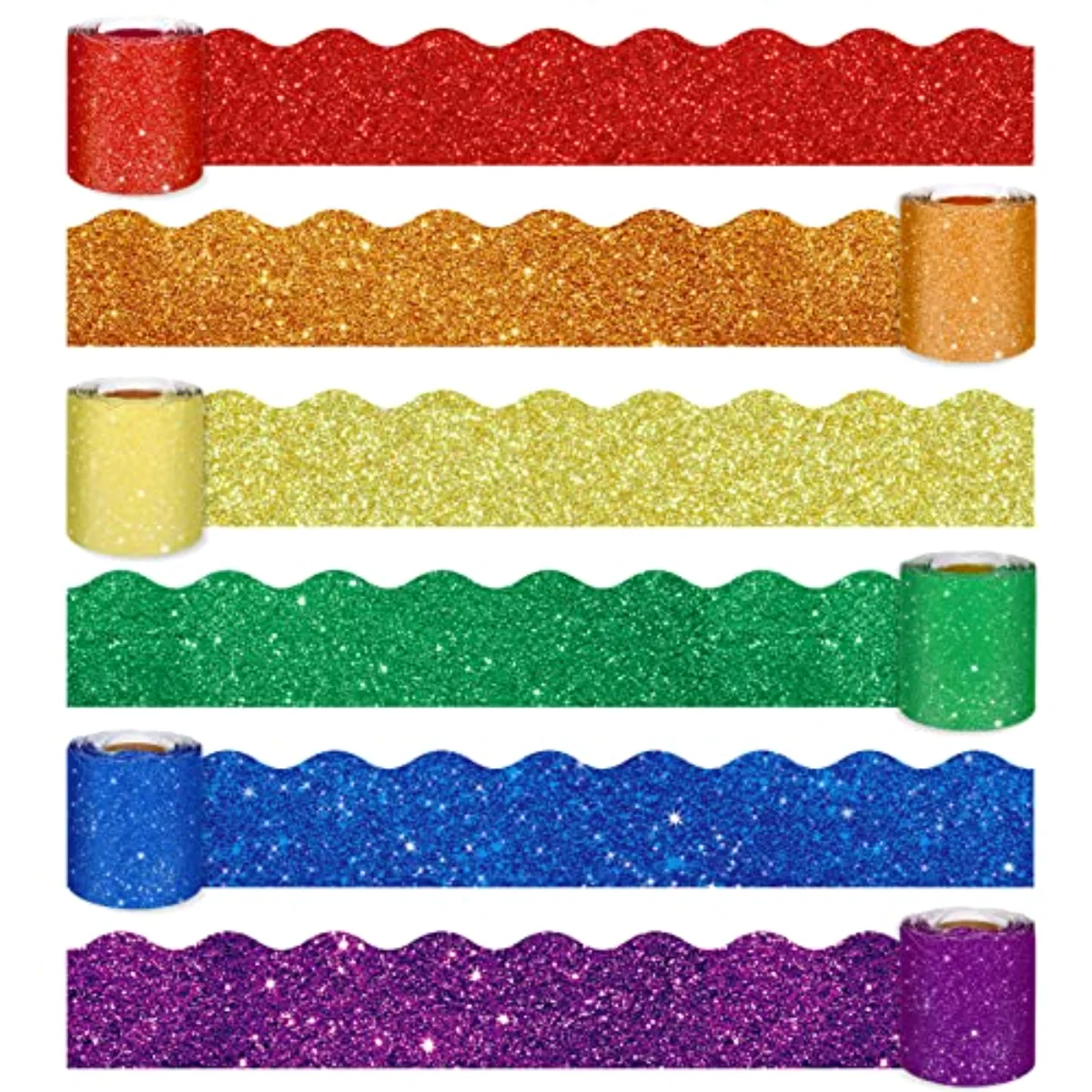 196.9ft Rainbow Bulletin Board Borders 6 Rolls Glitter Rainbow Scalloped