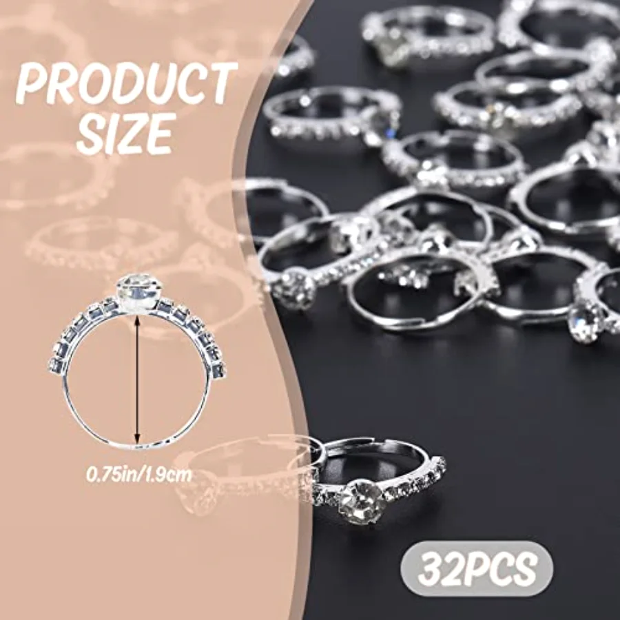 32 Pack Silver Bridal Shower Diamond Ring Fake Diamond Engagement Rings, view 2
