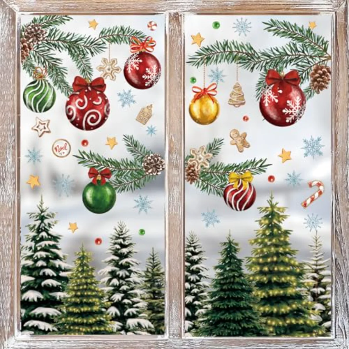 9 Sheets Vintage Christmas Window Cling Stickers Retro Forest Snow Tree