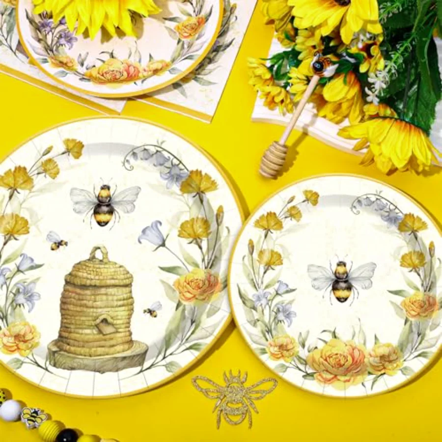 Bee Paper Plates and Napkins Set Summer Bee Flower Disposable Dinnerware, view 3