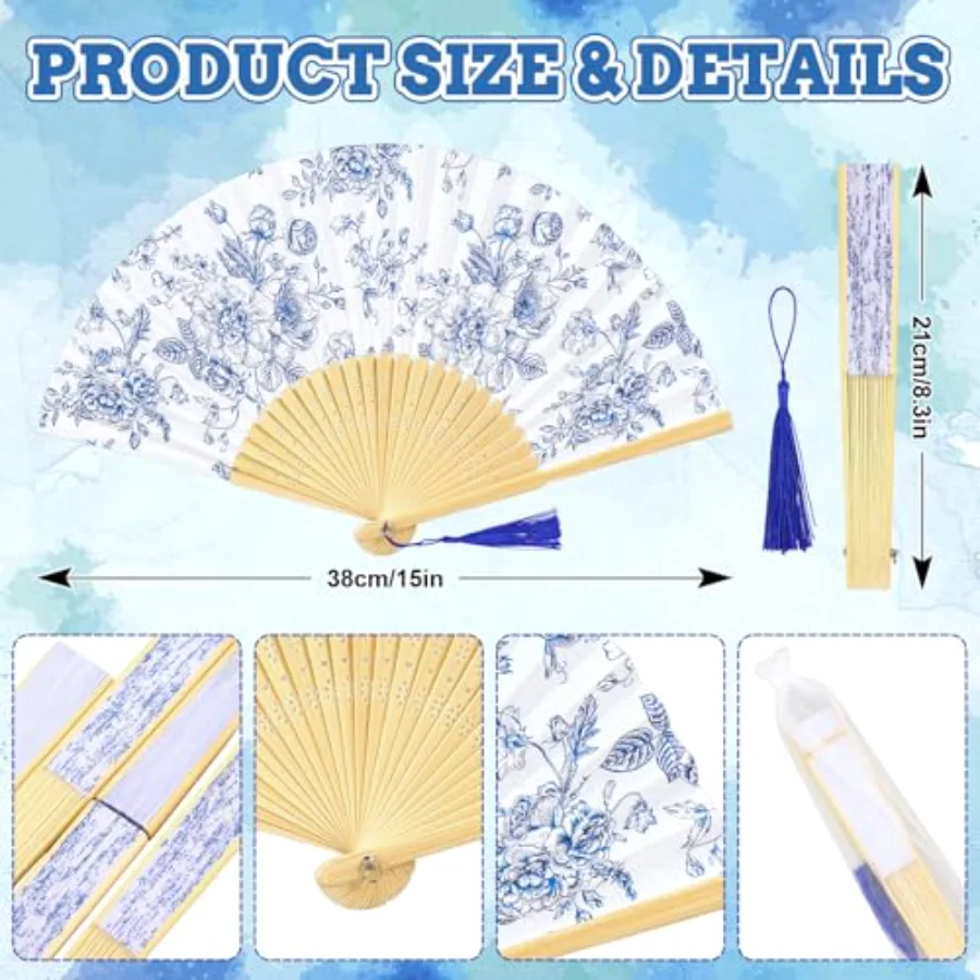 25 Sets Blue Floral Hand Folding Fans with Tassels and Organza Bags, view 2