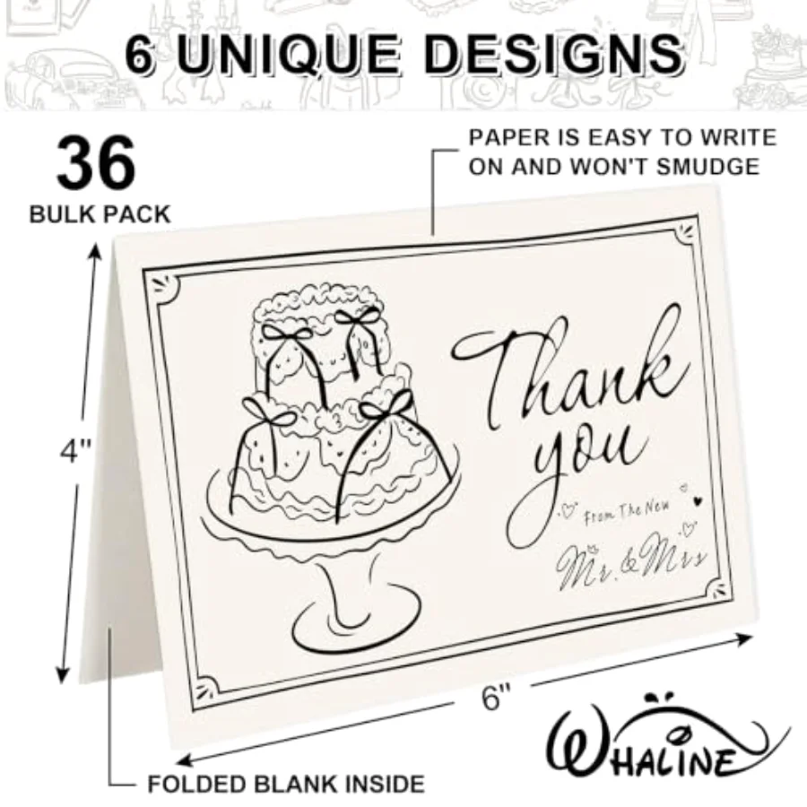 36 Pack Wedding Thank You Cards Black The New Mr & Mrs Cupid Cake Modern, view 2