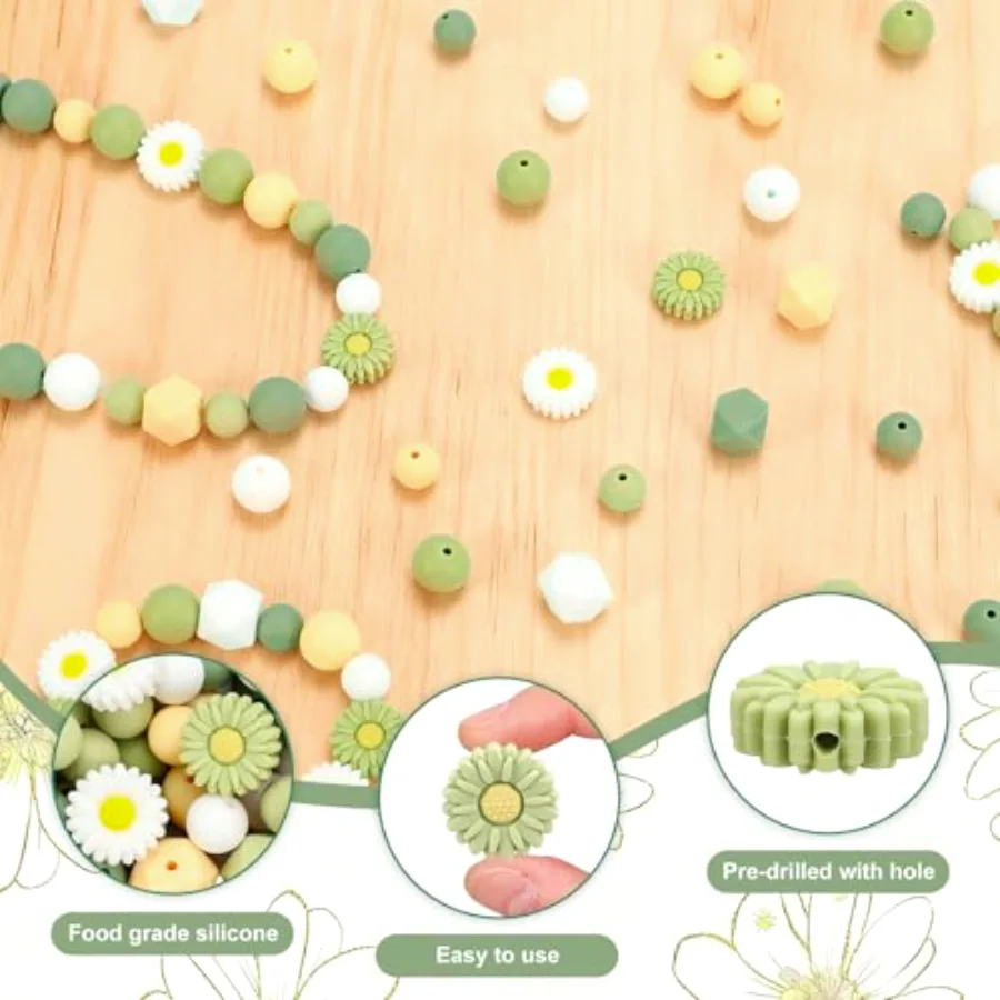100 Pcs Daisy Flower Silicone Beads Sage Green White Spring Floral Round, view 3