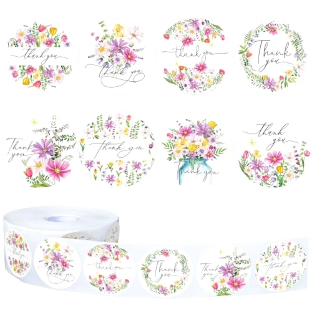 1000Pcs Spring Thank You Stickers Roll 8 Designs Colorful Wildflower