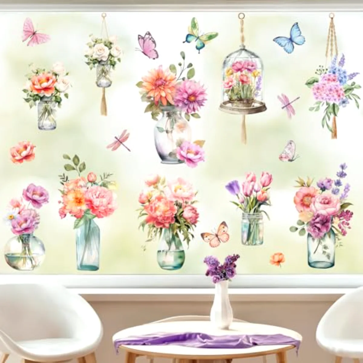 9 Sheets Spring Window Clings Watercolor Flower Vase Butterfly Aesthetic