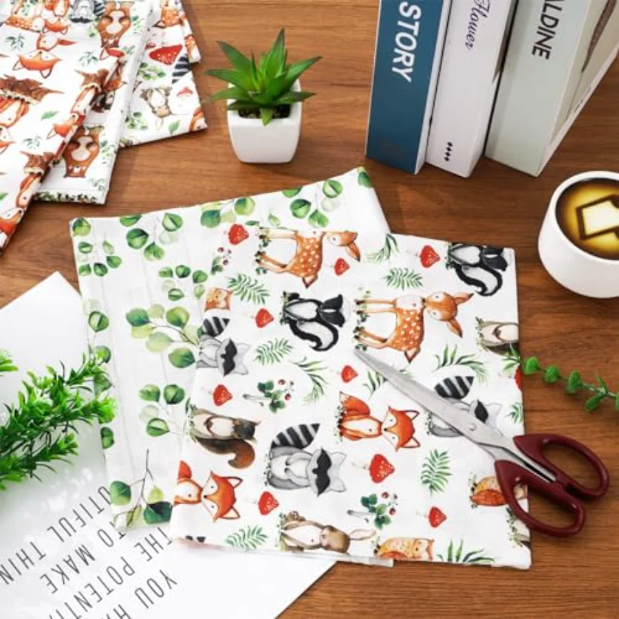 6Pcs Woodland Cotton Fabric Bundles Woodland Animal Eucalyptus Printed Fat, view 4