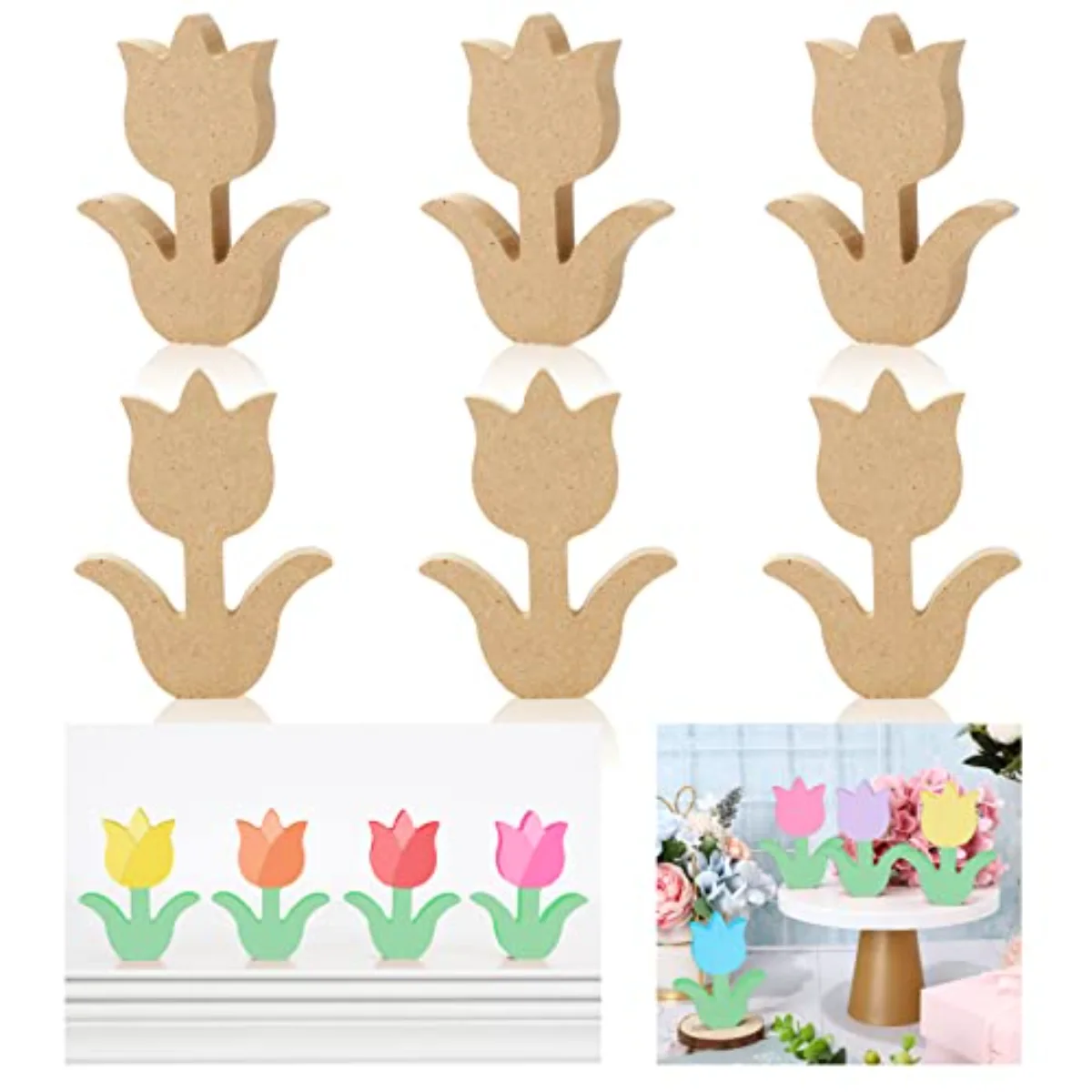 6Pcs Wooden Tulip Spring Table Decoration Unfinished Flower Wood Sign