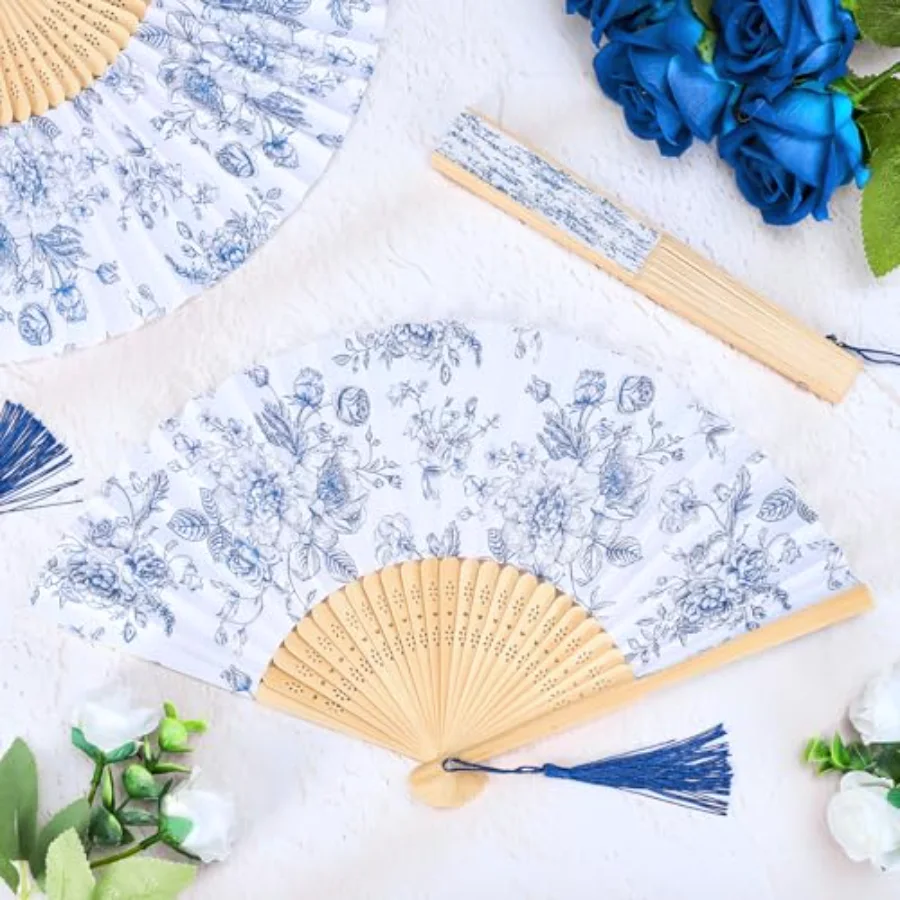 25 Sets Blue Floral Hand Folding Fans with Tassels and Organza Bags, view 4
