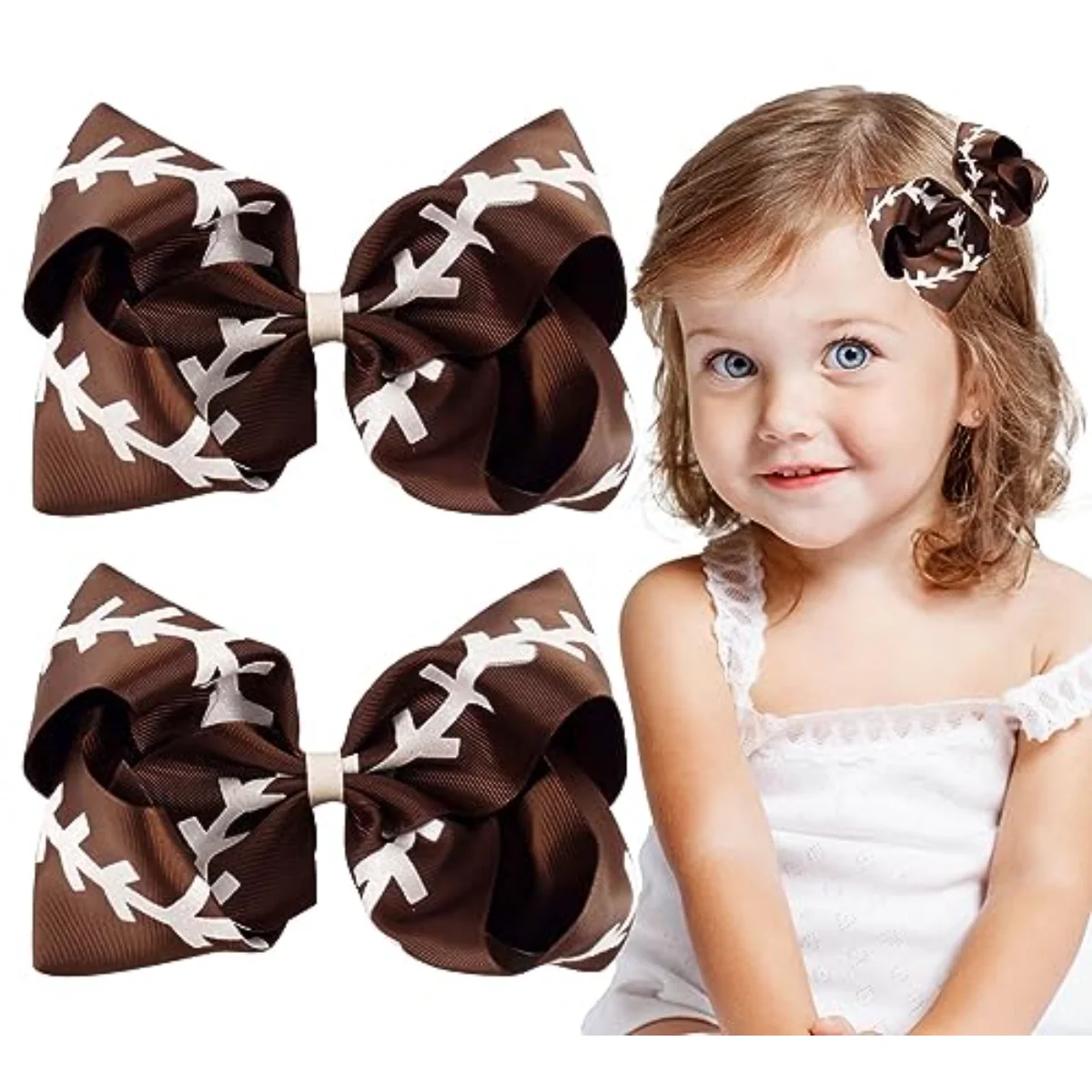 2Pcs Glitter Football Hair Bow Clips Brown and White Football Cheer Hair