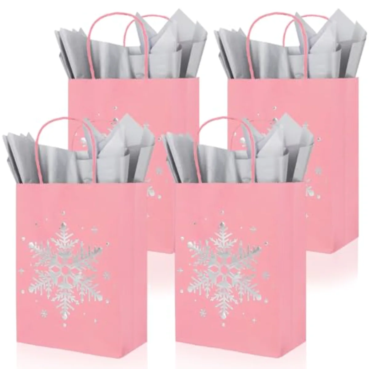 24Pcs Pink Christmas Paper Bags with 30 Sheets Tissue Paper Pink Silver