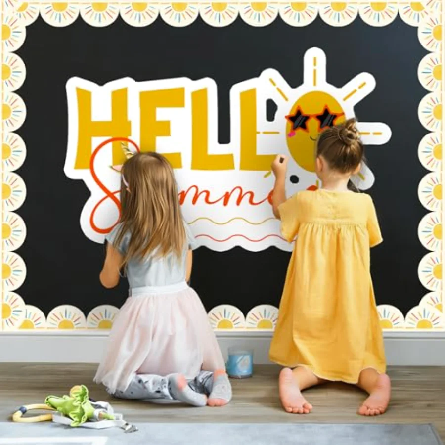 65.6 Ft Boho Sun Bulletin Board Border Blue Yellow Sunshine Scalloped Die, view 4