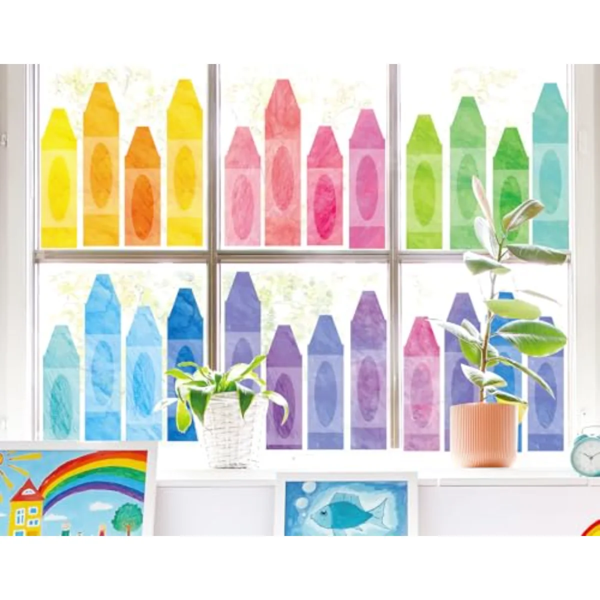 9 Sheets Back to School Crayon Window Clings Pastel Color Crayon Window