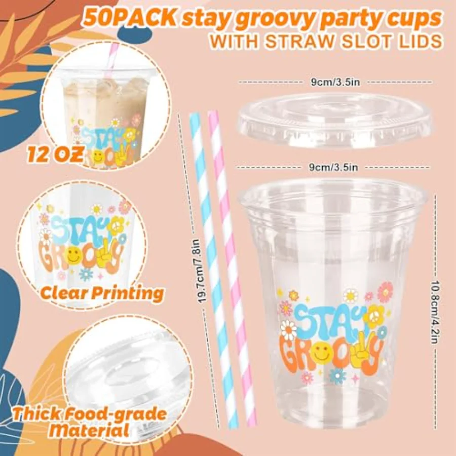 50Pcs Boho Party Plastic Cups 12 oz Stay Groovy Disposable Cups Hippie, view 2