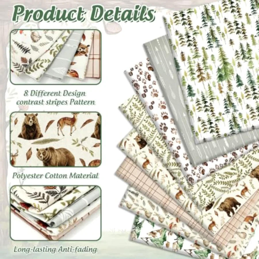 8Pcs Woodland Cotton Fabric Bundles, view 3